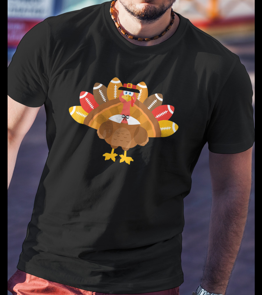 Thanksgiving Turkey Pilgrim Football Feathers T-Shirt