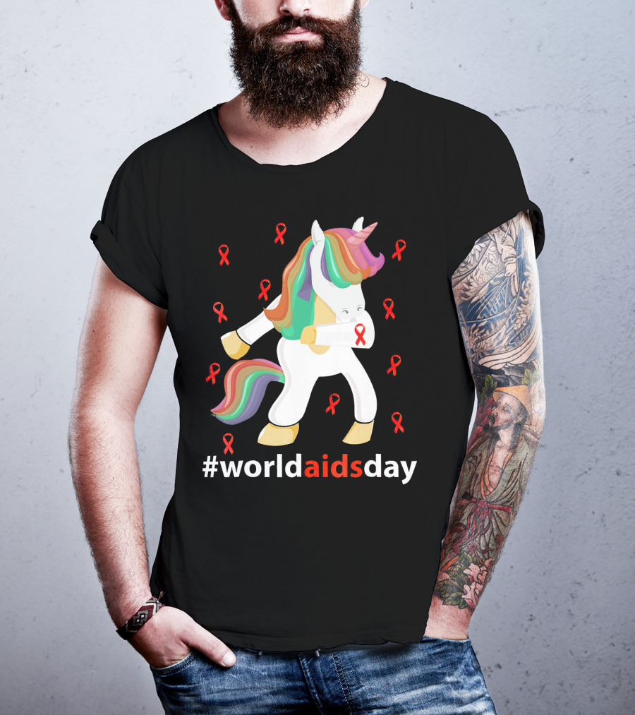 WorldAIDSDay Unicorn With Red Ribbons December 1st T-Shirt