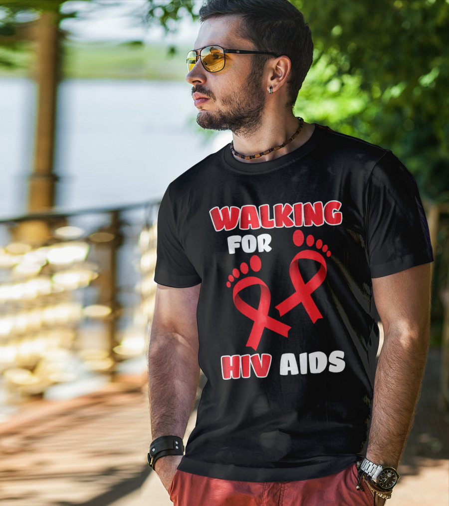 Walking For Hiv Aids Awareness With Red Ribbon Footprint T-Shirt