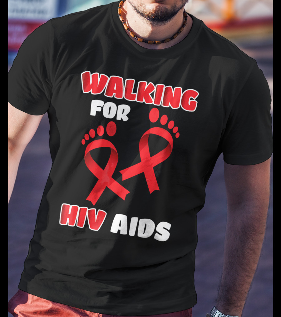 Walking For Hiv Aids Awareness With Red Ribbon Footprint T-Shirt