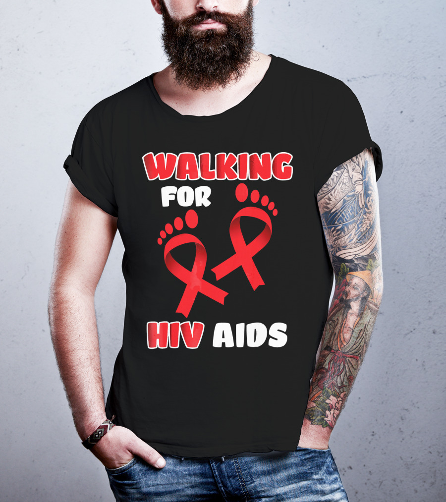Walking For Hiv Aids Awareness With Red Ribbon Footprint T-Shirt