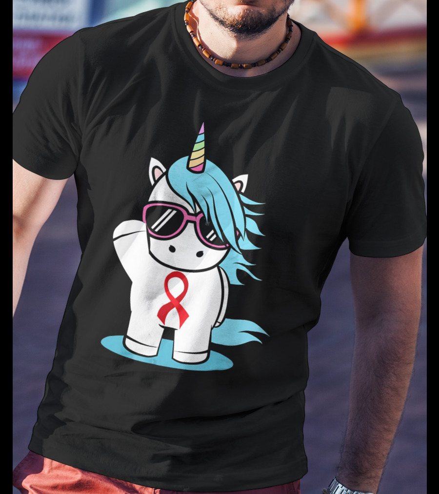 Unicorn With Sunglasses Red Ribbon Aids Awareness HIV Stigma Support T-Shirt