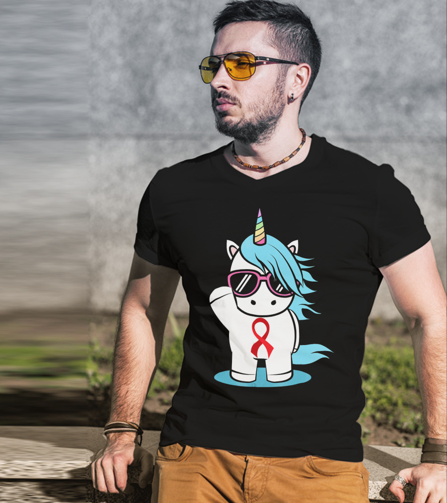 Unicorn With Sunglasses Red Ribbon Aids Awareness HIV Stigma Support T-Shirt