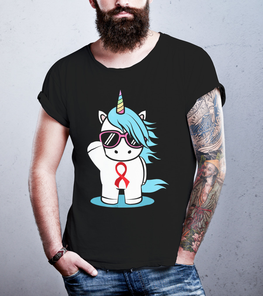 Unicorn With Sunglasses Red Ribbon Aids Awareness HIV Stigma Support T-Shirt