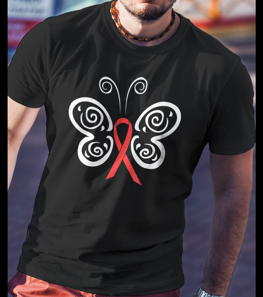 Red Ribbon Butterfly HIV Blood Cancer Awareness T-Shirt