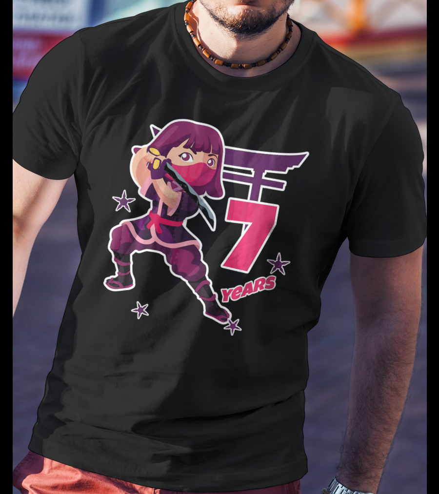 Ninja Girl 7 Years Birthday Celebration With Sword And Stars T-Shirt
