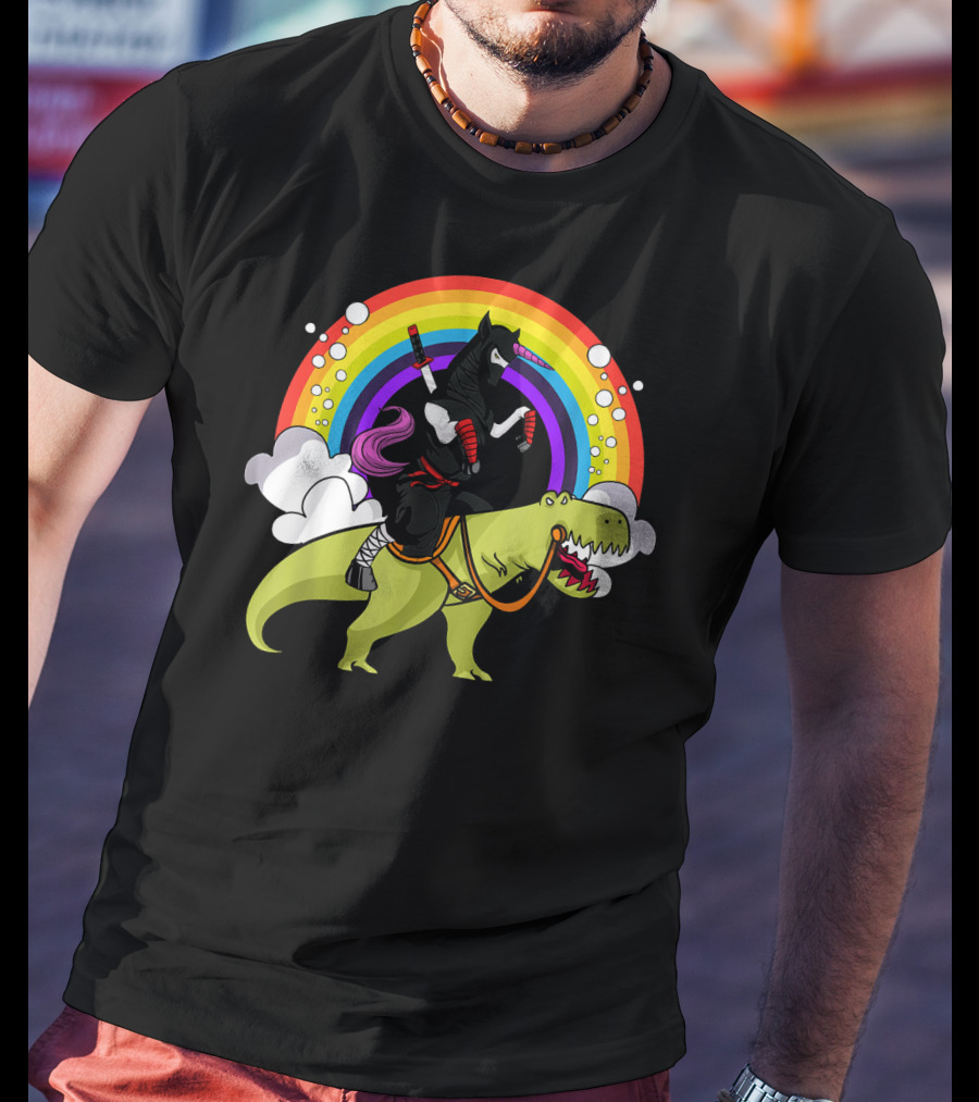 Ninja Unicorn Samurai Riding Rex Dinos Under Rainbow T-Shirt