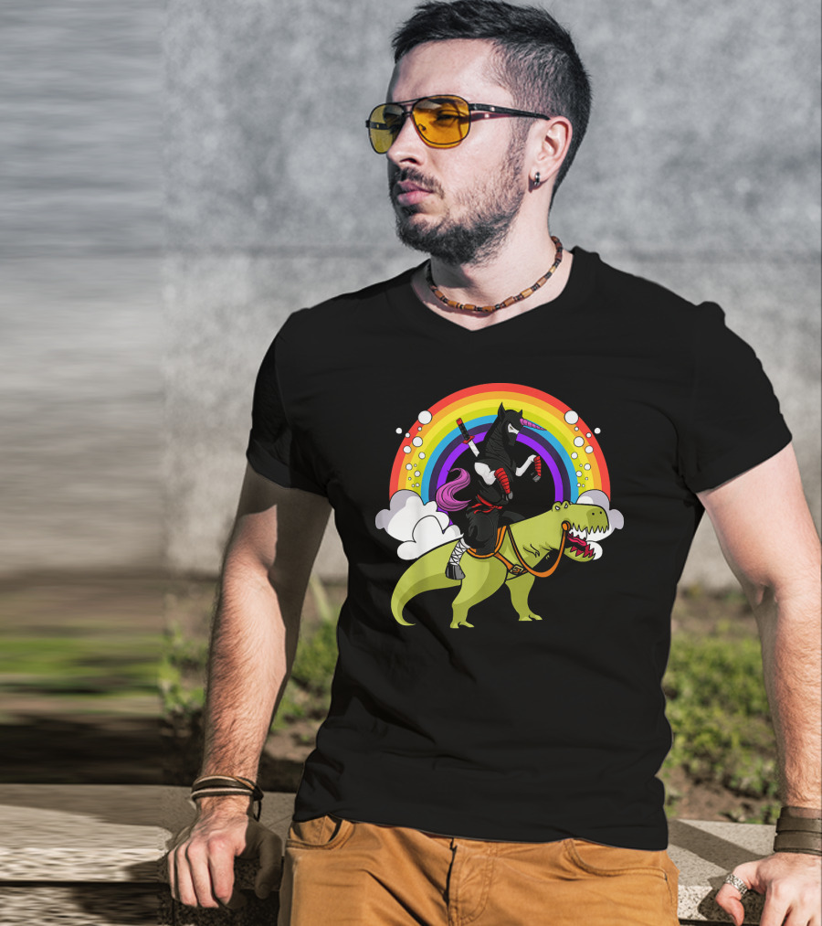 Ninja Unicorn Samurai Riding Rex Dinos Under Rainbow T-Shirt