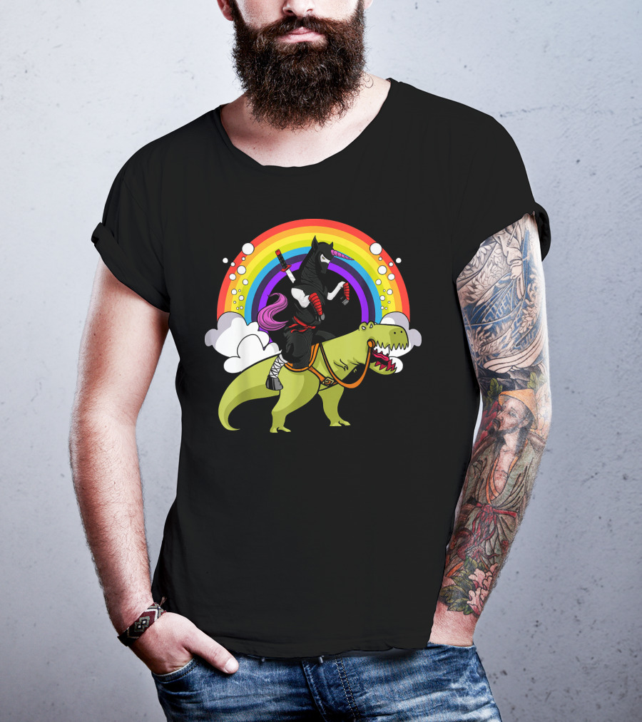 Ninja Unicorn Samurai Riding Rex Dinos Under Rainbow T-Shirt