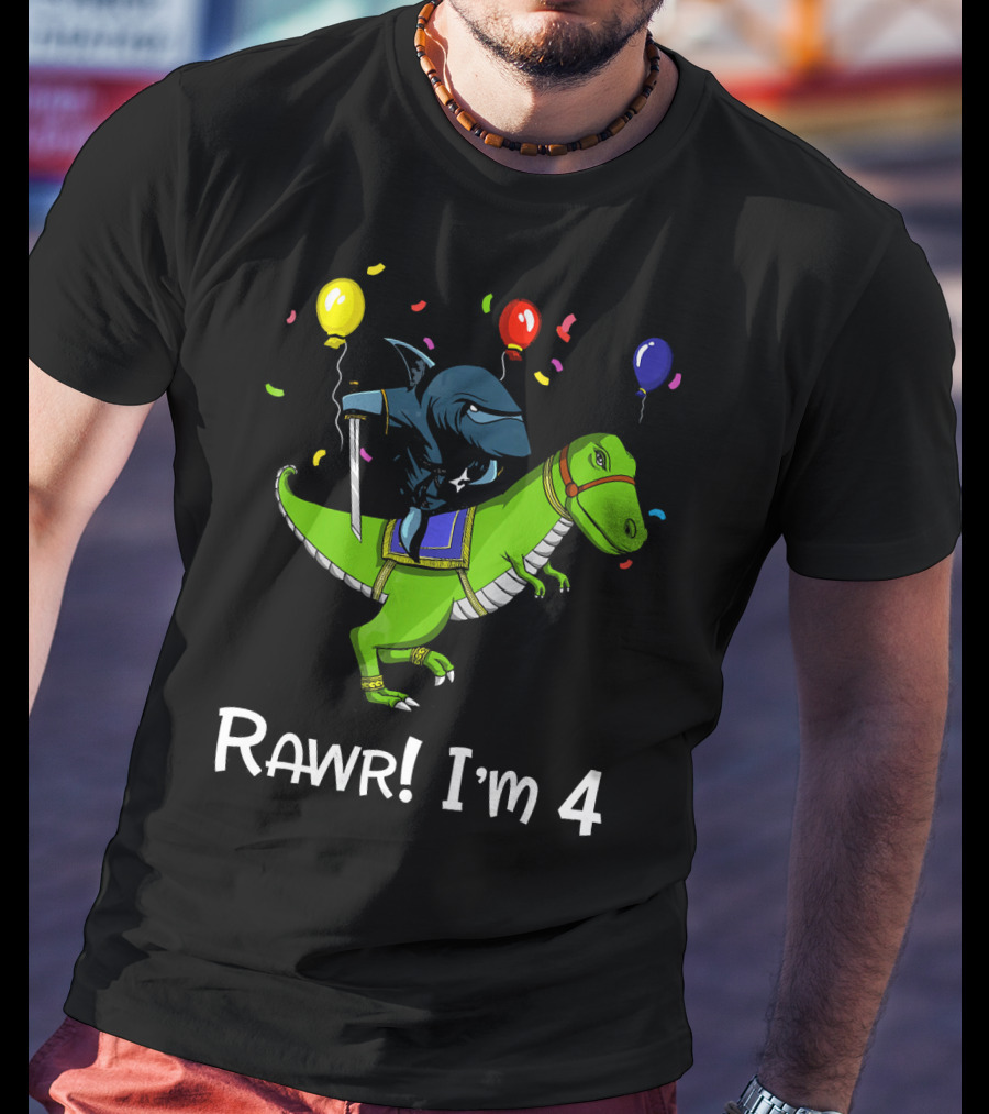 Shark Ninja Riding Dinosaur Rawr I'm 4 Birthday Celebration Balloons T-Shirt