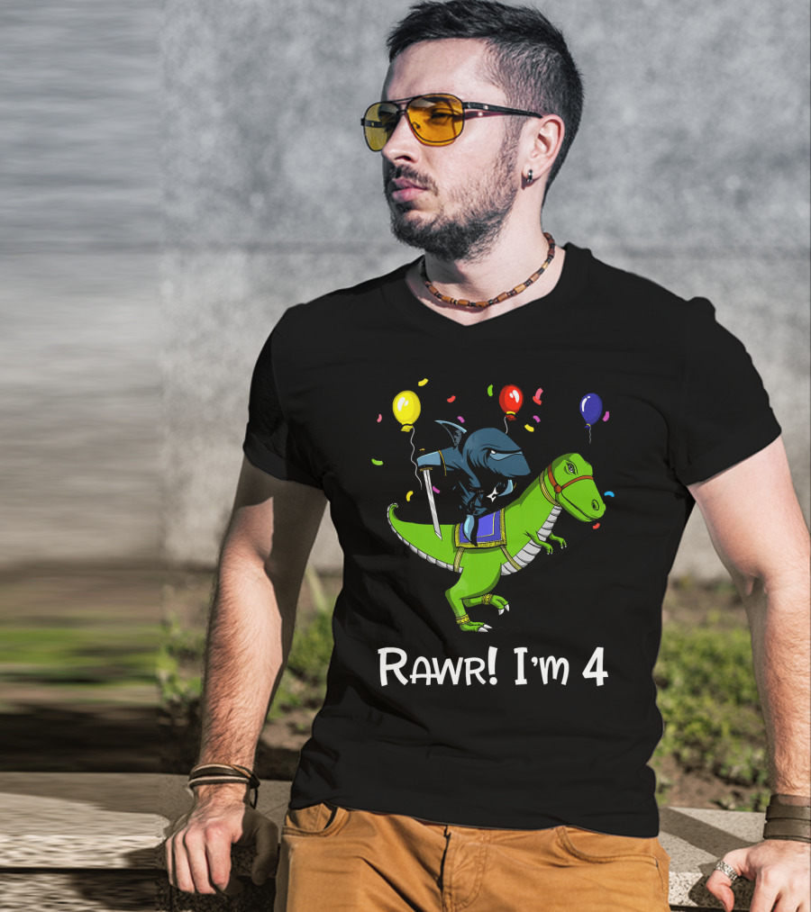 Shark Ninja Riding Dinosaur Rawr I'm 4 Birthday Celebration Balloons T-Shirt