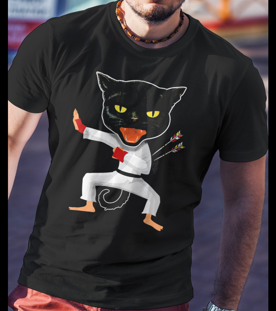 Ninja Cat Karate Master With Yellow Eyes And Arrow Struck Cloak T-Shirt