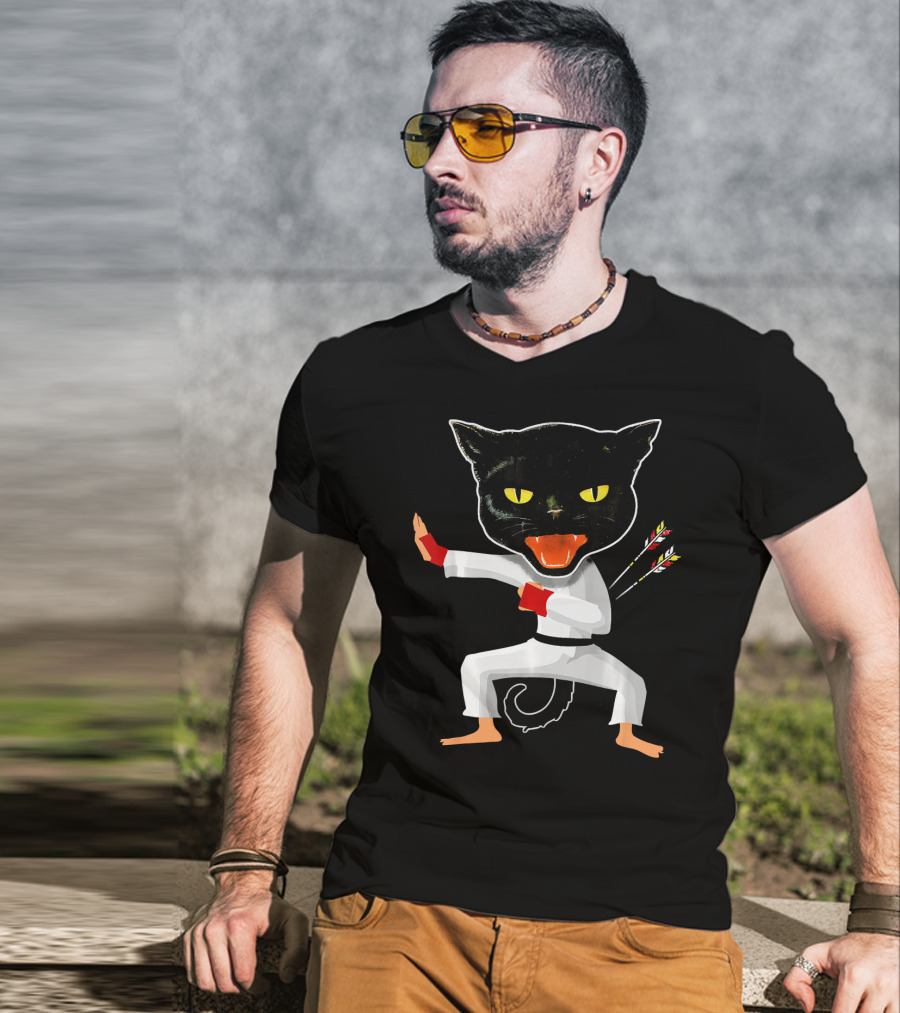 Ninja Cat Karate Master With Yellow Eyes And Arrow Struck Cloak T-Shirt