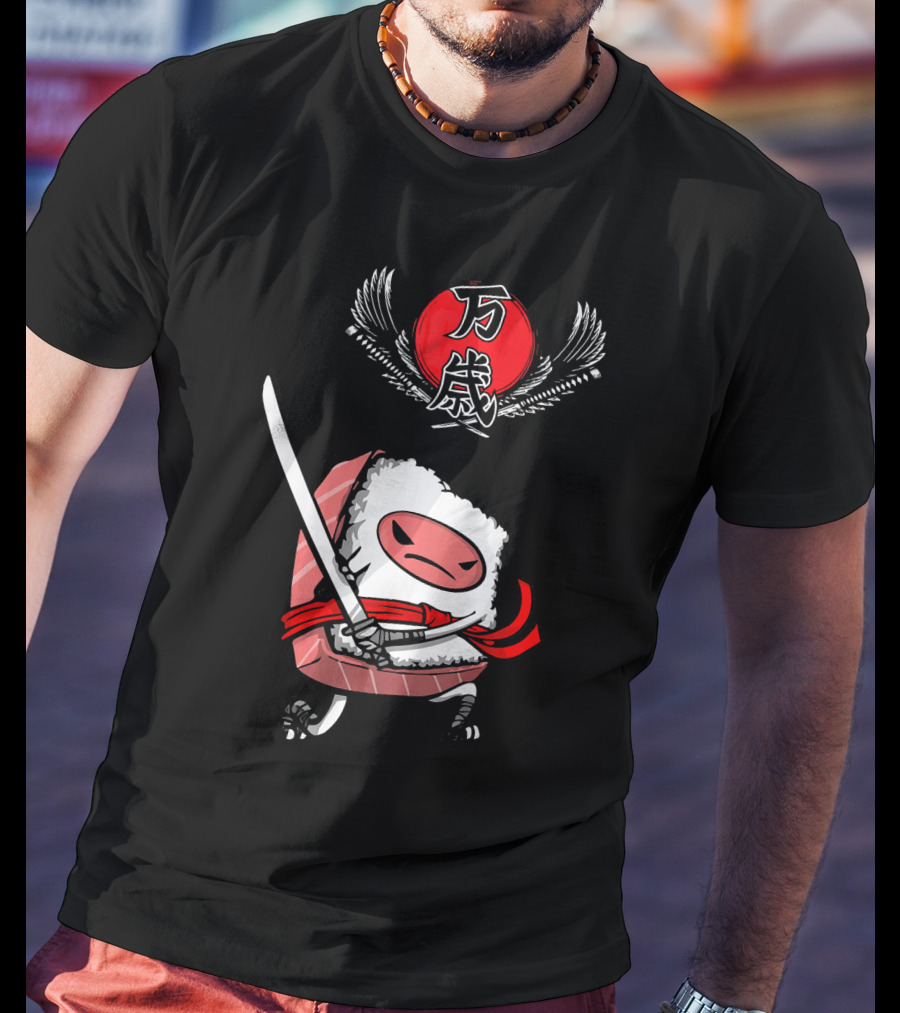 Japanese Ninja Sushi Samurai With Sword And Red Sun Kanji T-Shirt