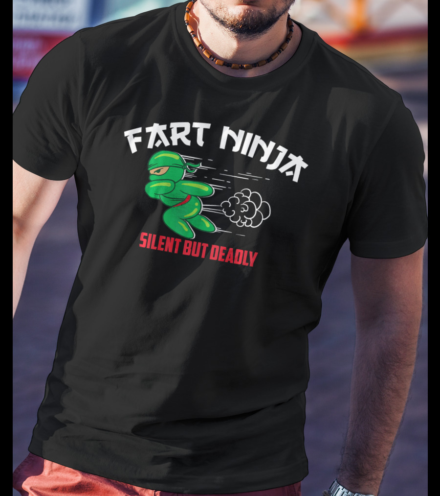 Fart Ninja Silent But Deadly Green Stealthy Figure With Cartoon Gas Cloud T-Shirt