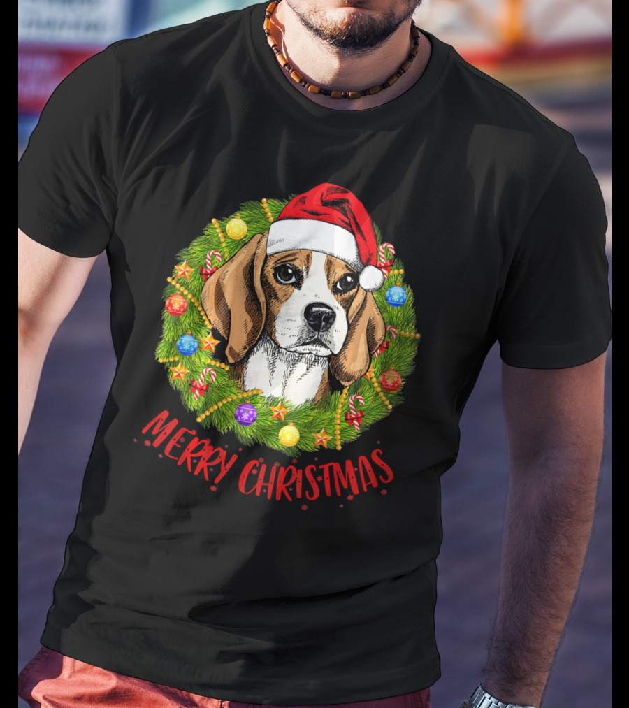 Merry Christmas Beagle Dogs In Santa Hat With Holiday Wreath T-Shirt