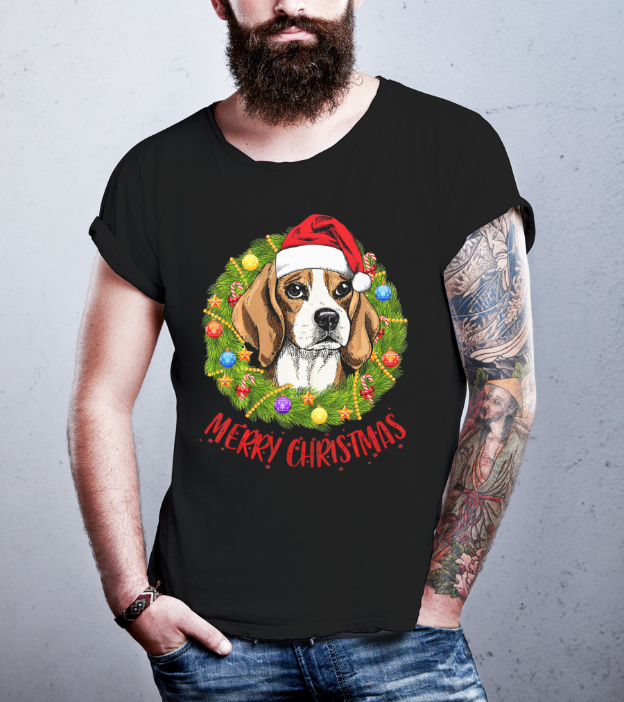 Merry Christmas Beagle Dogs In Santa Hat With Holiday Wreath T-Shirt