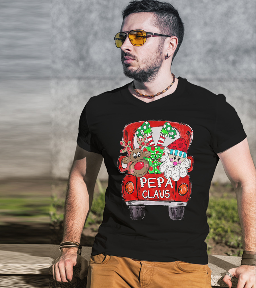 Pepa Claus Christmas Red Truck With Santa And Reindeer T-Shirt