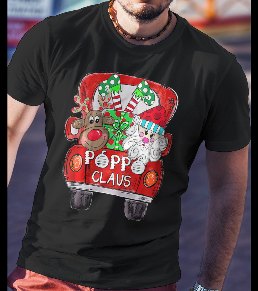 Red Truck With Poppo Claus, Reindeer, And Christmas Gifts T-Shirt