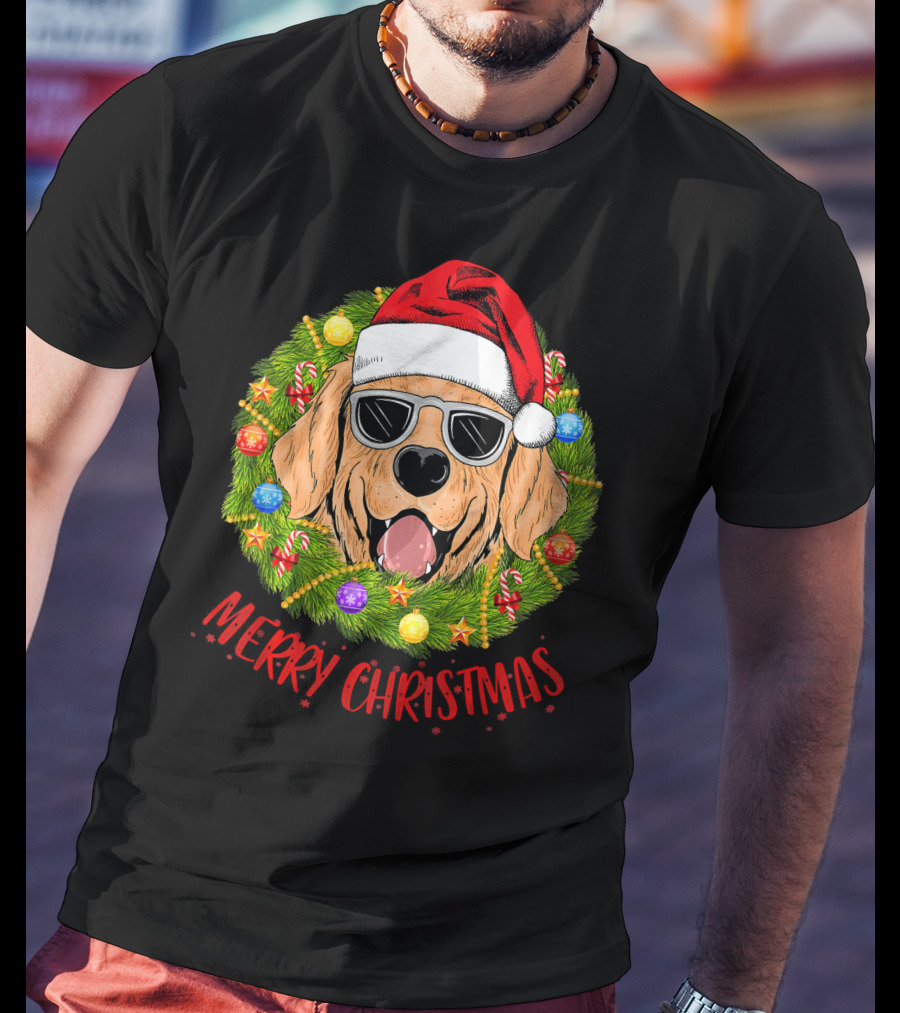 Merry Christmas Golden Retriever Dog Santa Hat Sunglasses Wreath T-Shirt