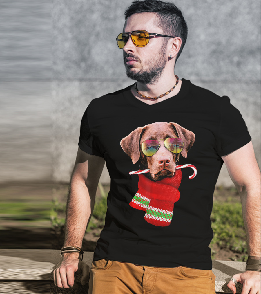 Christmas In July Labrador Sunglasses Candy Cane Scarf T-Shirt