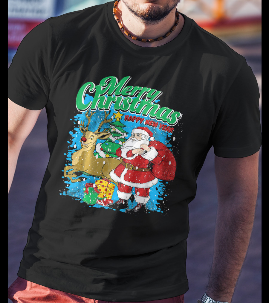 Merry Christmas Happy New Year Santa Claus Reindeer Presents T-Shirt