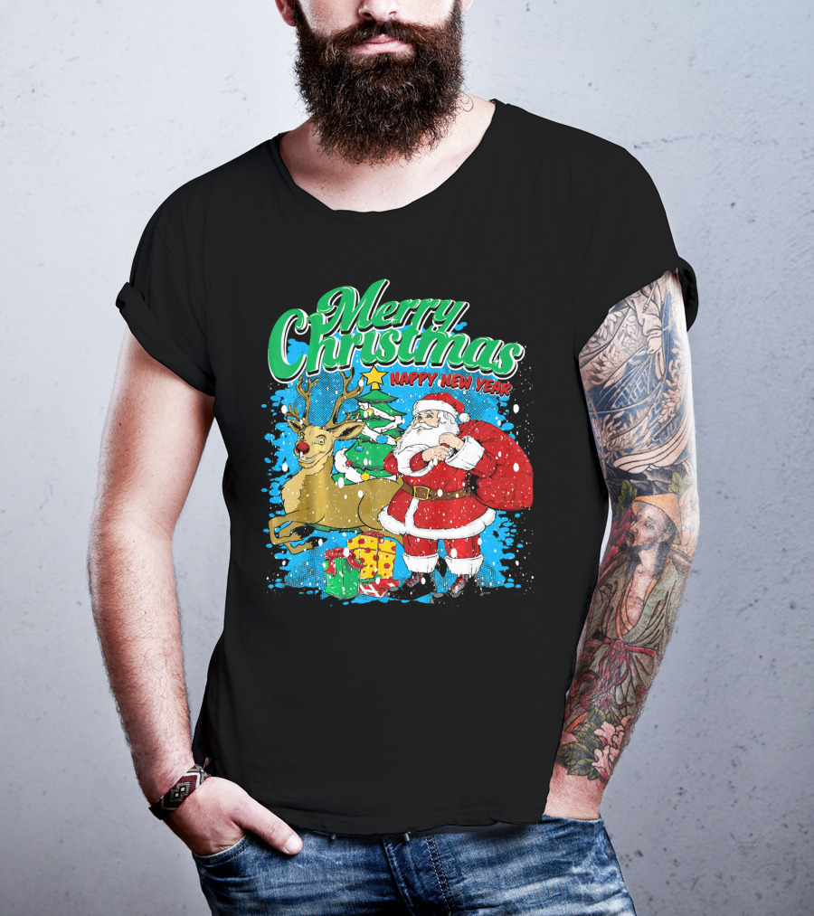 Merry Christmas Happy New Year Santa Claus Reindeer Presents T-Shirt