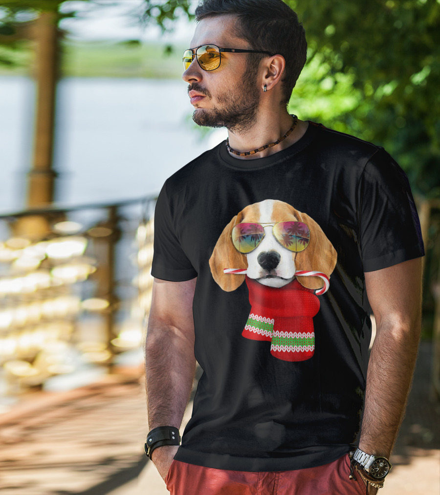 Christmas In July Beagle Sunglasses Candy Cane Scarf T-Shirt