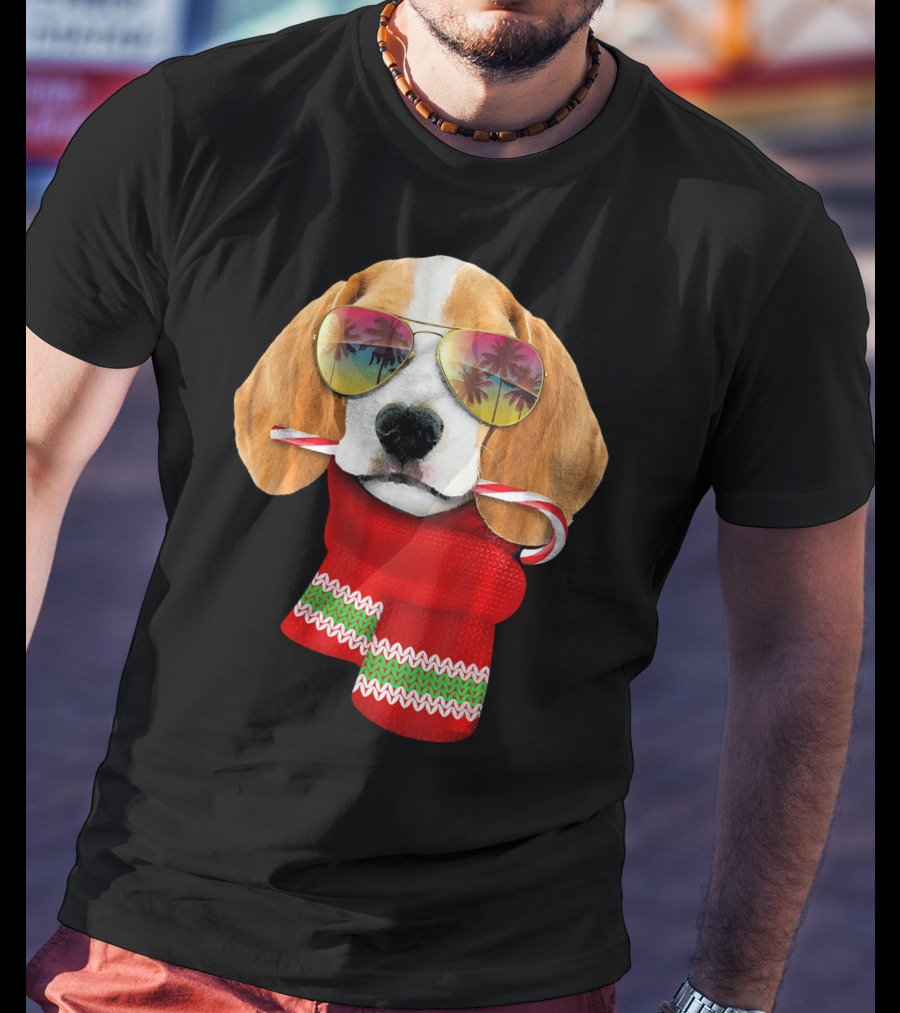 Christmas In July Beagle Sunglasses Candy Cane Scarf T-Shirt