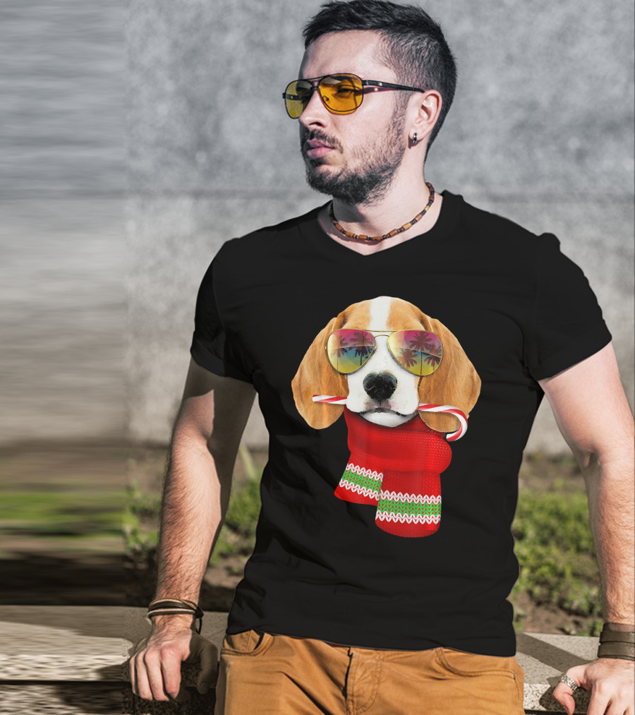 Christmas In July Beagle Sunglasses Candy Cane Scarf T-Shirt