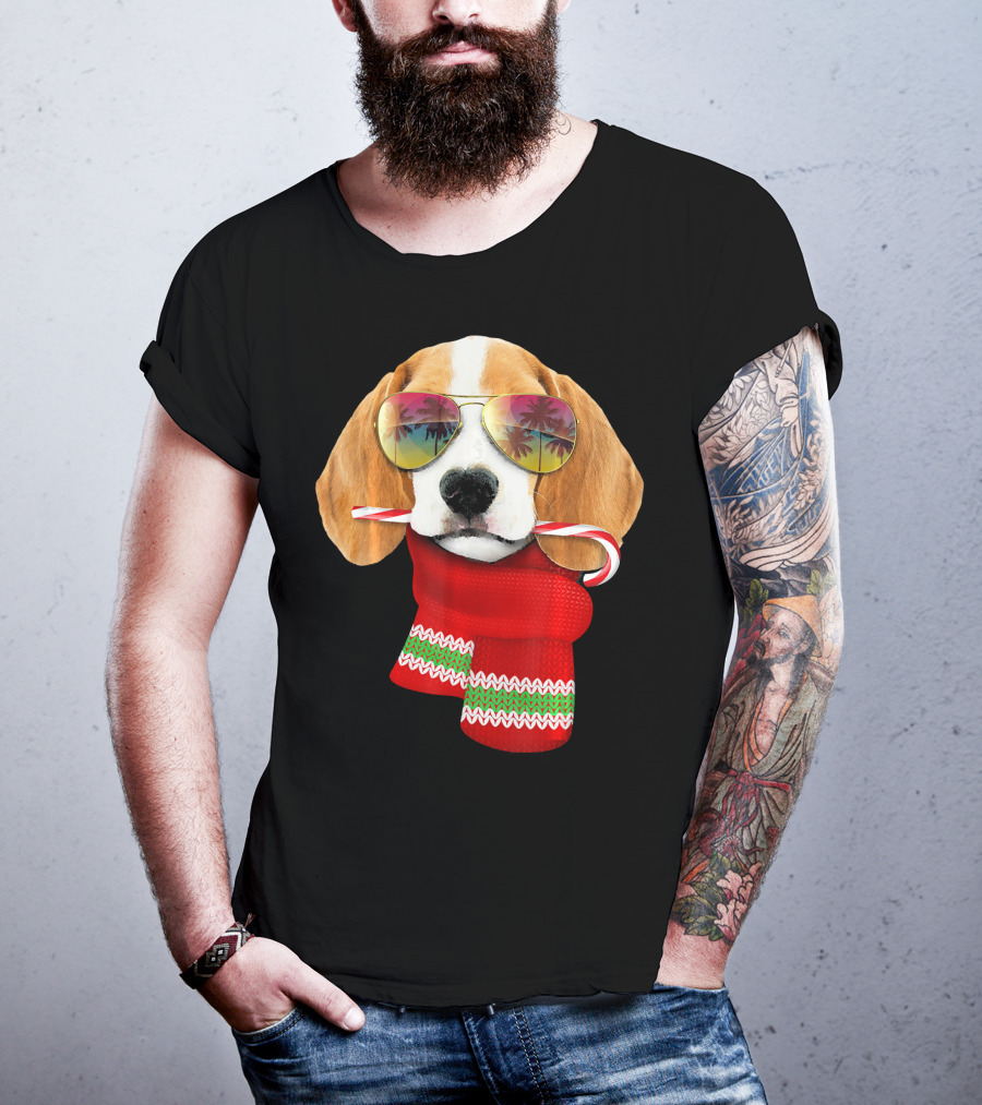 Christmas In July Beagle Sunglasses Candy Cane Scarf T-Shirt