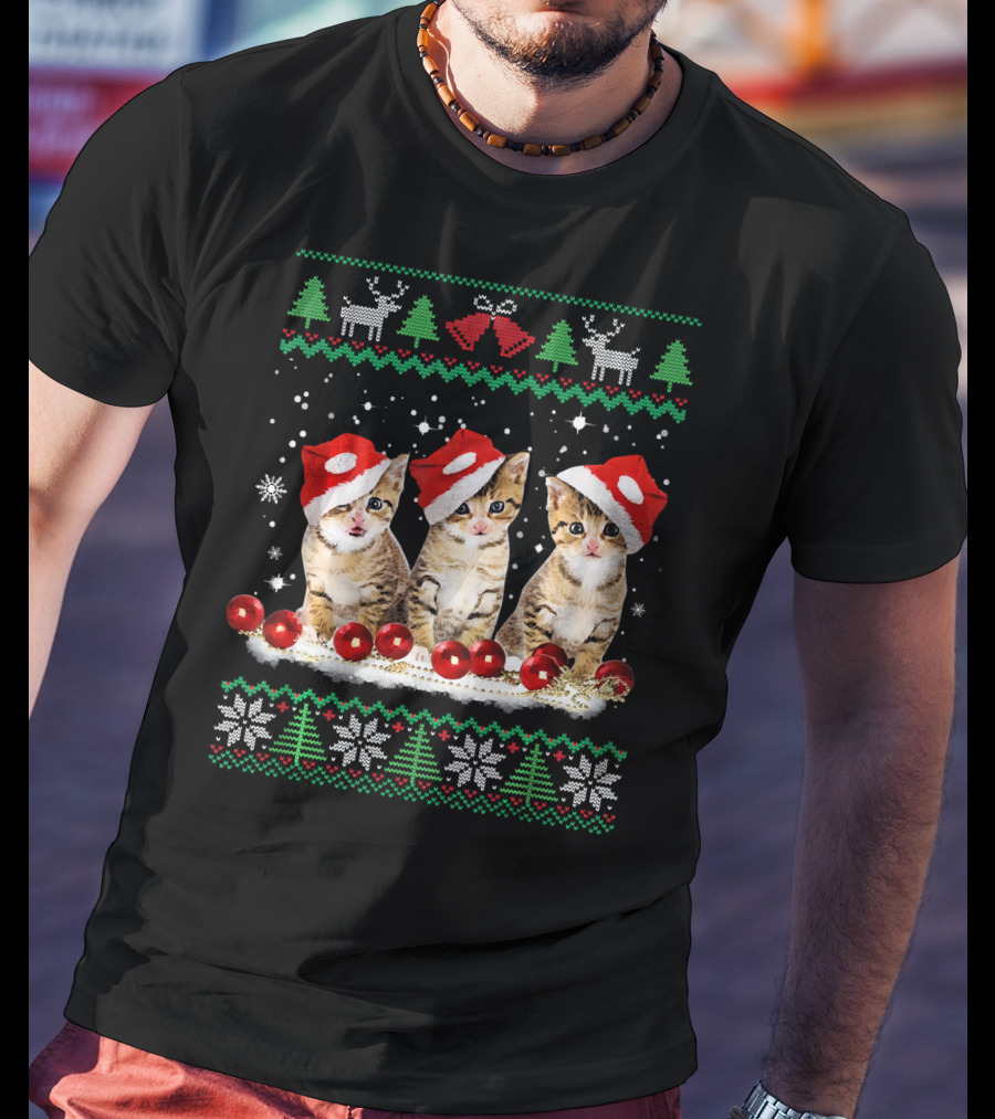 Ugly Christmas Cat Santa Hat Reindeer Bells Snowflakes Lights T-Shirt