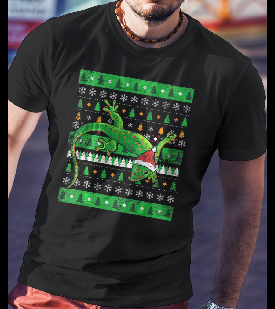 Ugly Christmas Lizard With Santa Hat And Holiday T-Shirt