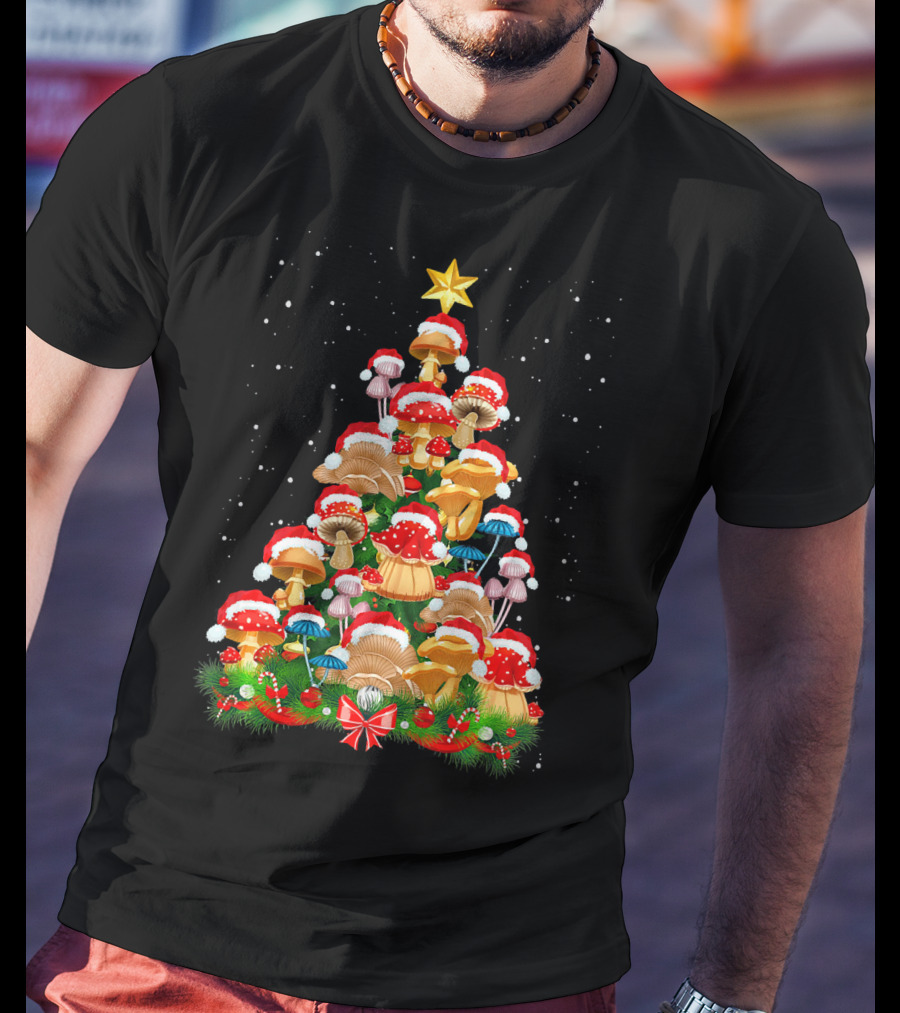 Mushroom Christmas Tree With Santa Hats And Snowflakes For Garden Lovers T-Shirt