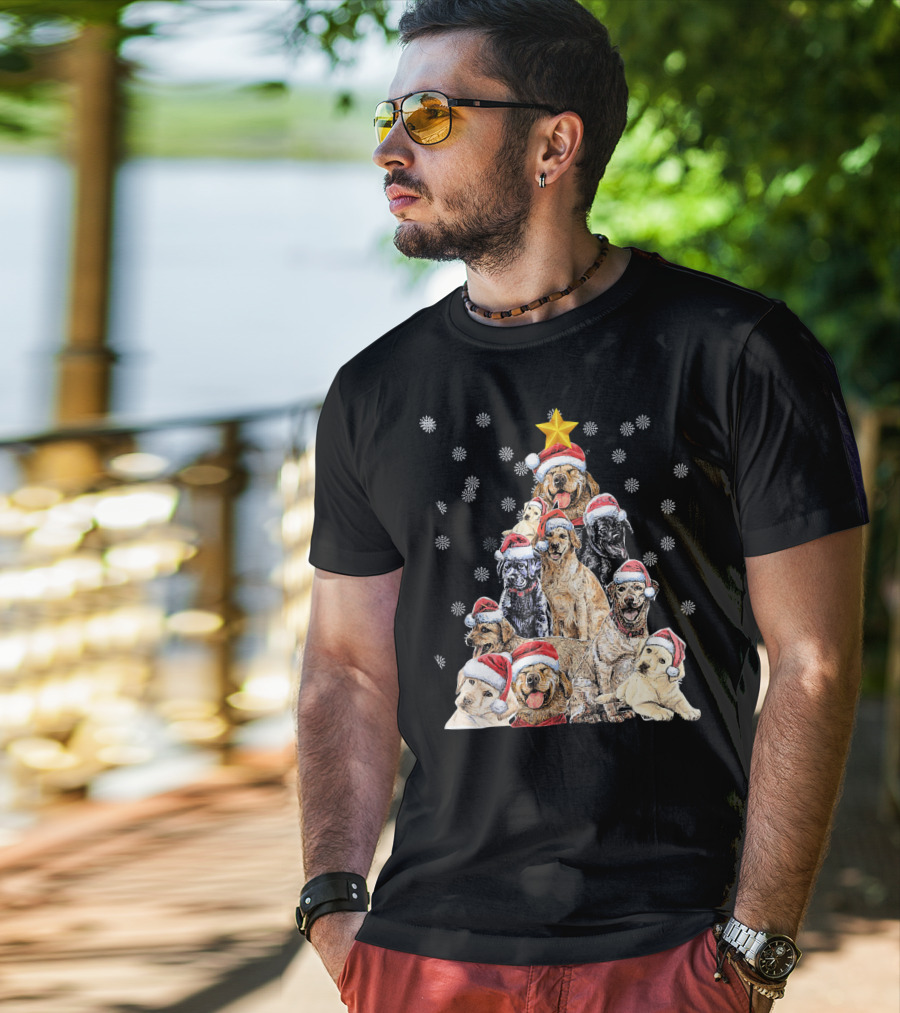 Labrador Puppies With Santa Hats Forming A Christmas Tree With Star And Snowflakes T-Shirt