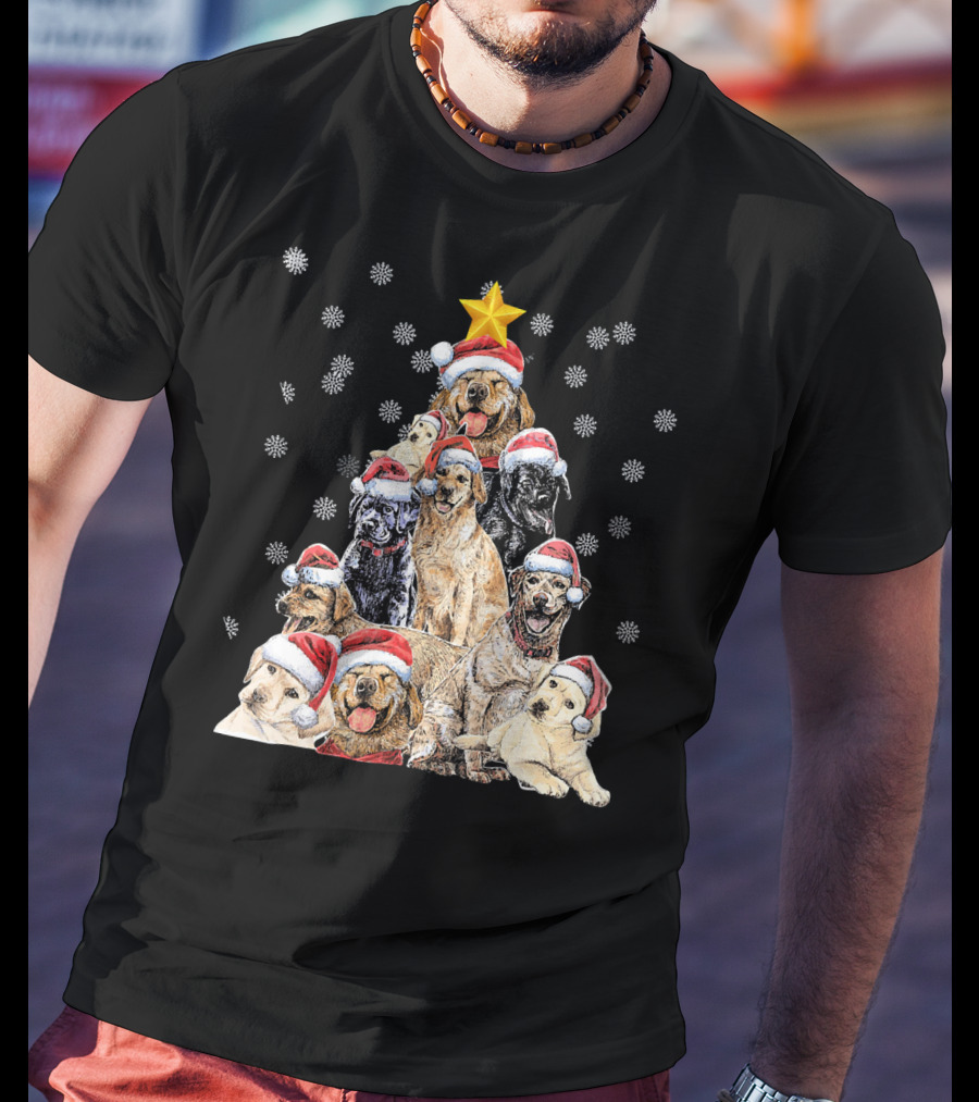 Labrador Puppies With Santa Hats Forming A Christmas Tree With Star And Snowflakes T-Shirt