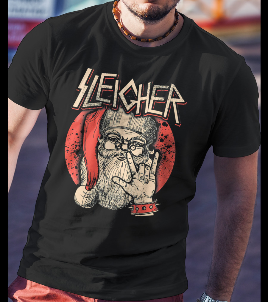 SLEIGHER Heavy Metal Music Santa Circle Red Santa Hat Hand Gesture T-Shirt