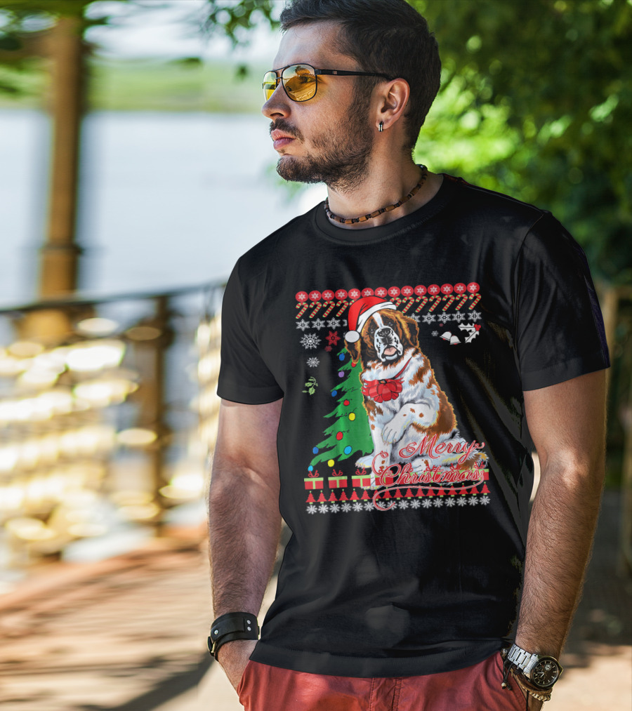 Merry Christmas Saint Bernard Dog Ugly Christmas T-Shirt
