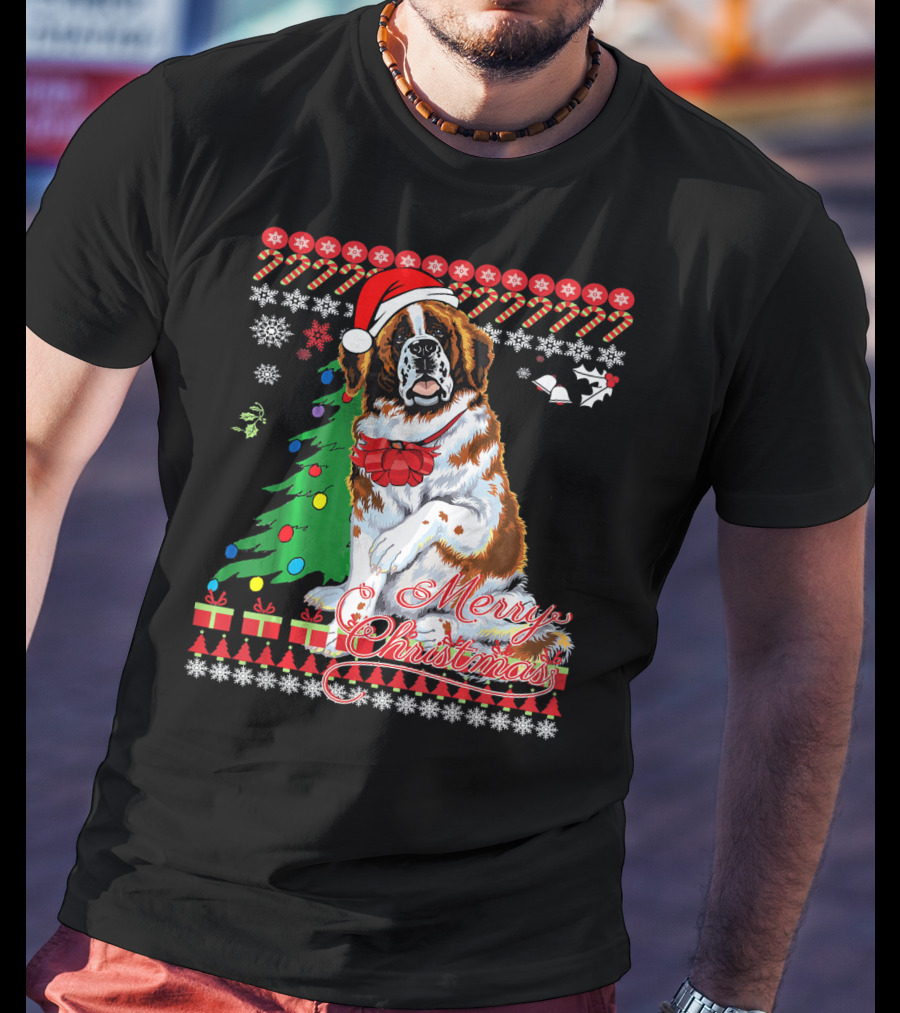 Merry Christmas Saint Bernard Dog Ugly Christmas T-Shirt
