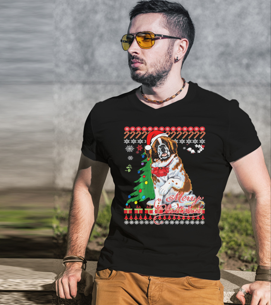 Merry Christmas Saint Bernard Dog Ugly Christmas T-Shirt