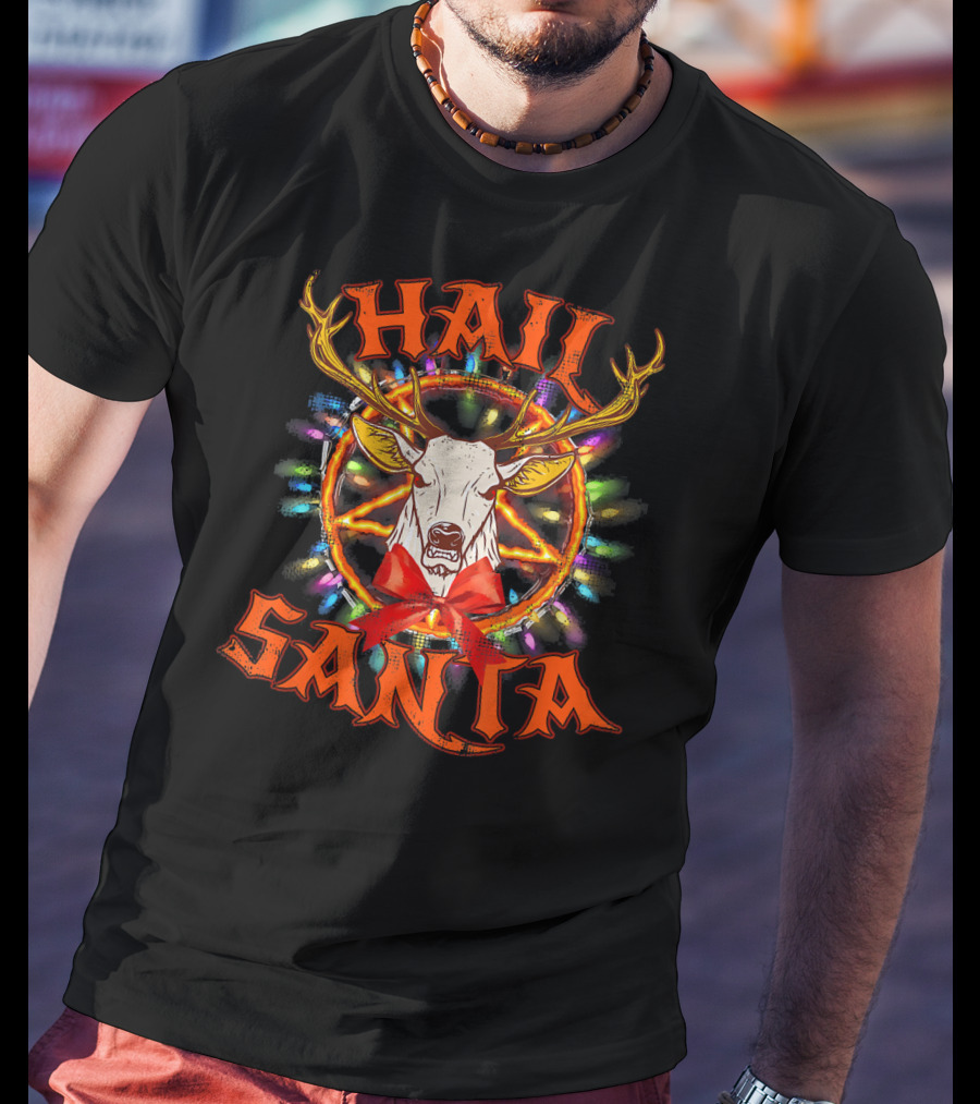Hail Santa Christmas Reindeer With Pentagram And Lights T-Shirt
