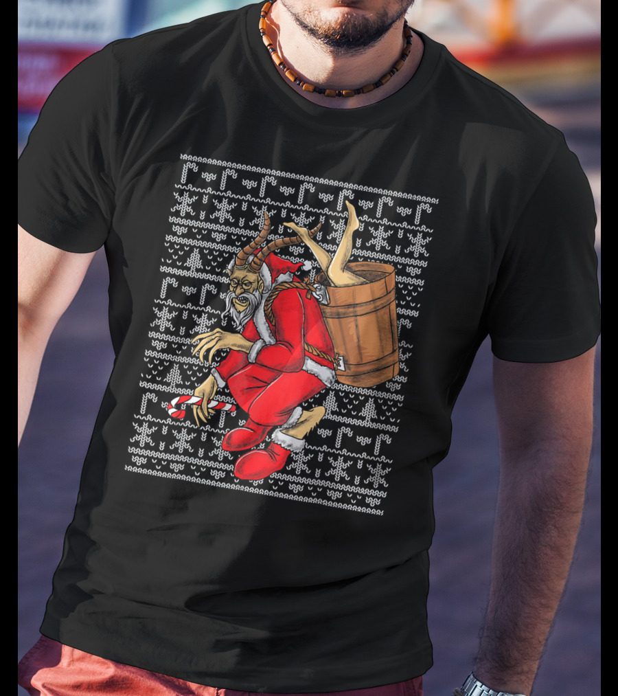 Krampus Ugly Christmas Sweater-Style Santa With Barrel And Candy Cane T-Shirt