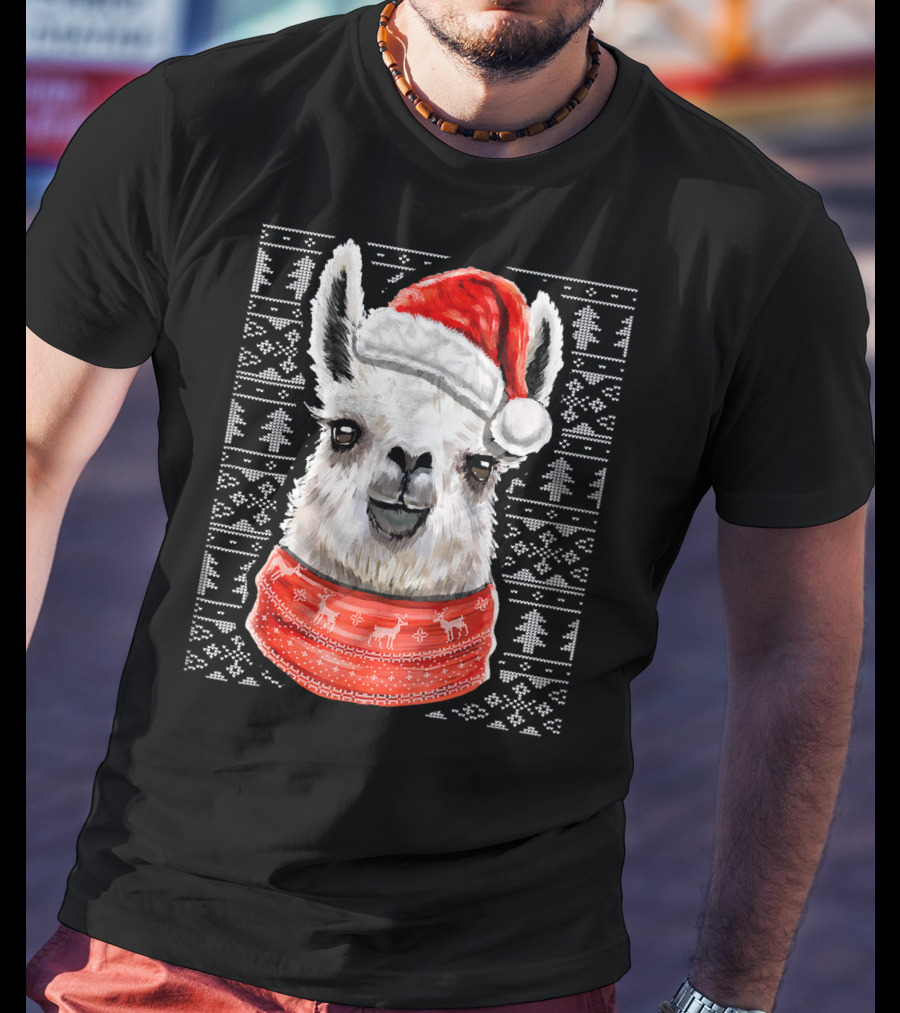 Ugly Christmas Llama Sweater With Santa Hat Festive T-Shirt
