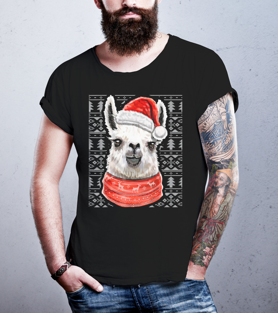 Ugly Christmas Llama Sweater With Santa Hat Festive T-Shirt