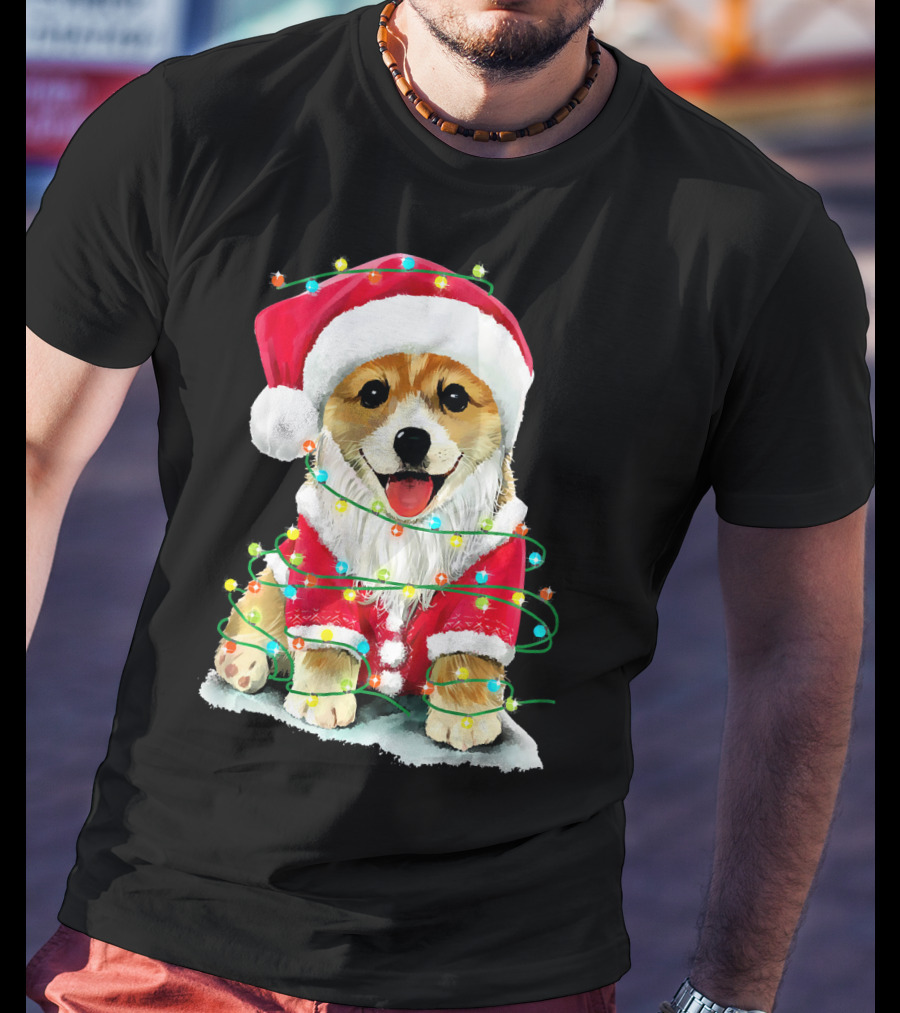 Festive Christmas Corgi Santa With Holiday Lights Corgmas San T-Shirt