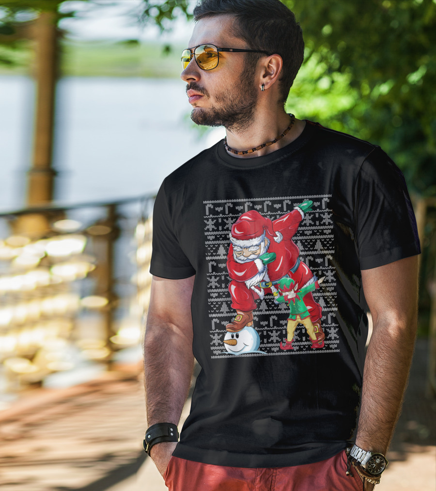 Christmas Dabbing Santa Elf With Snowman Head T-Shirt