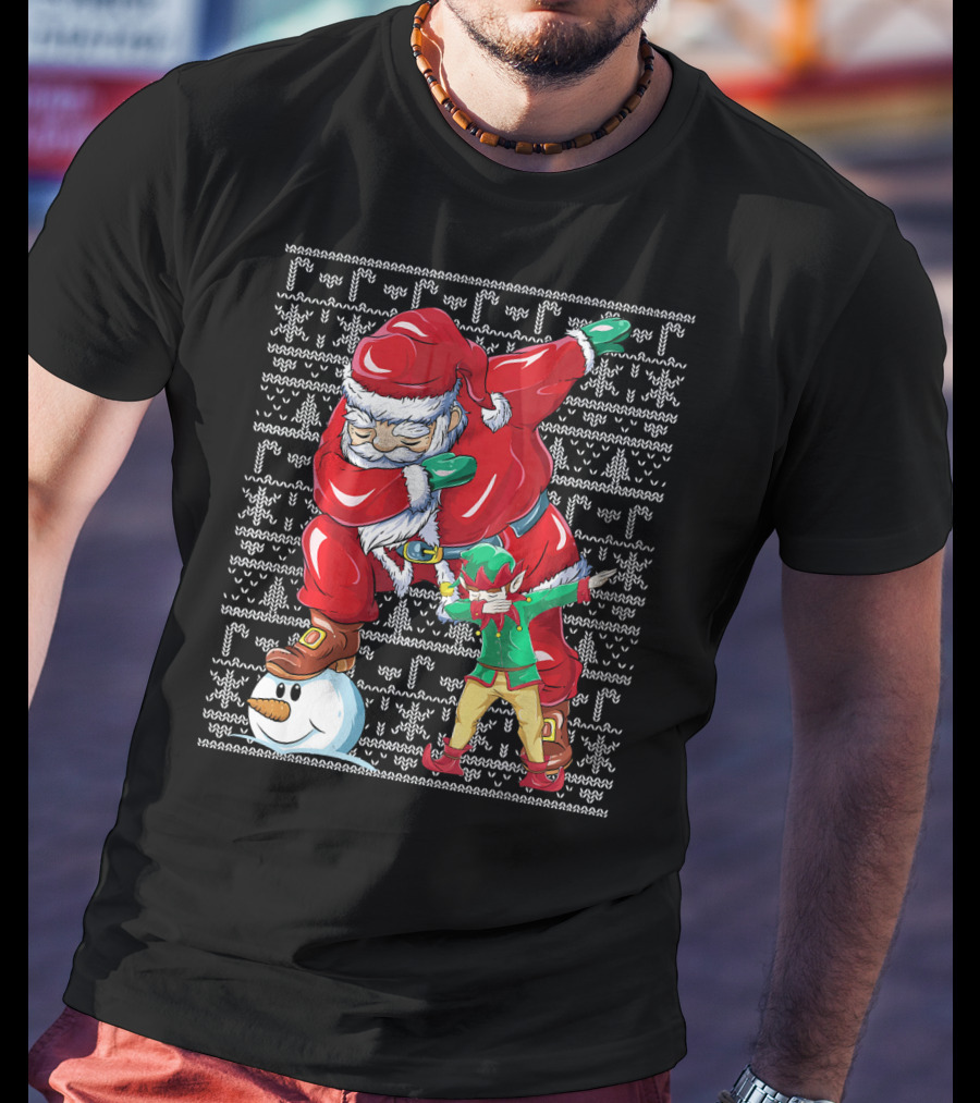 Christmas Dabbing Santa Elf With Snowman Head T-Shirt