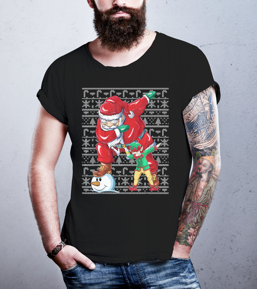 Christmas Dabbing Santa Elf With Snowman Head T-Shirt