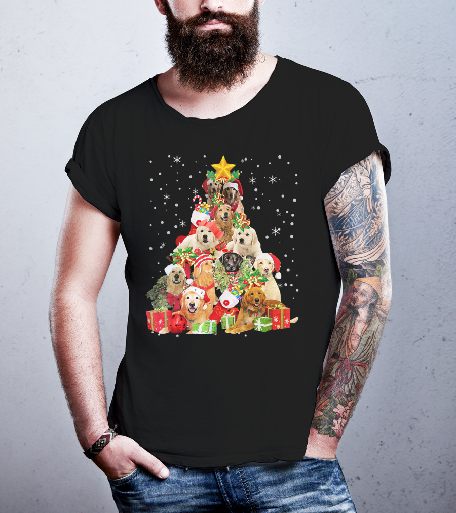 Golden Retriever Christmas Tree With Santa Hats And Presents T-Shirt