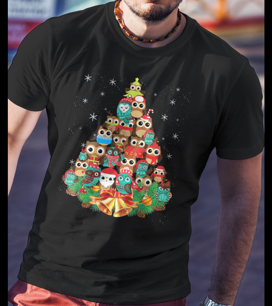 Owl Holiday Festive Tree Bells Ornaments Christmas T-Shirt